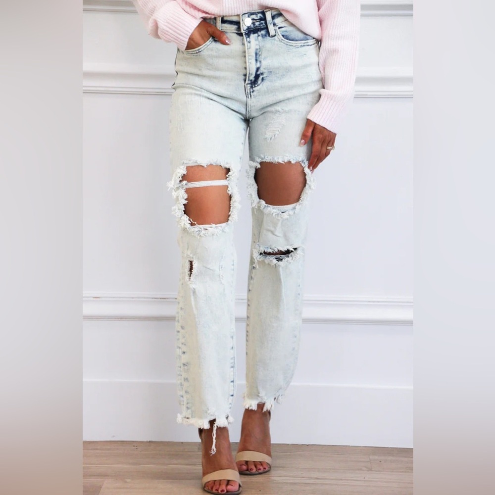 Risen Acid Light Wash Distressed High Rise Straight Ankle Jean Size 13 RDP5246